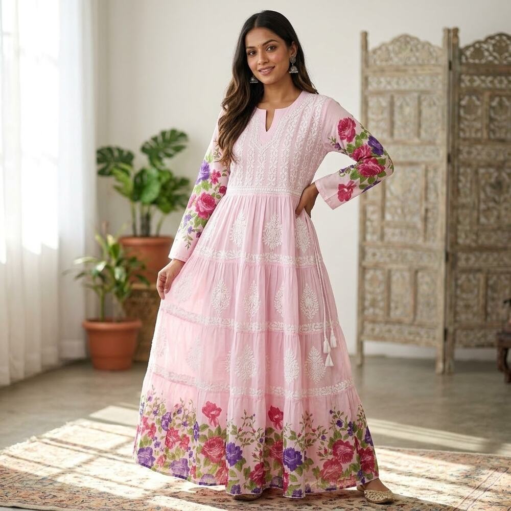 Indian Ethnic Chikankari Dress Floral Printed Pink Maxi Dress Sz Small Excellent